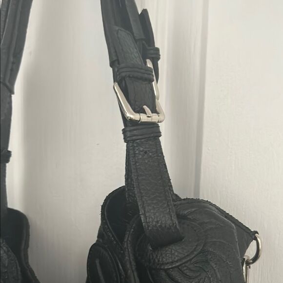 Genuine Leather Floral Embossed Slouchy Handbag Crossbody Black - Picture 3 of 8